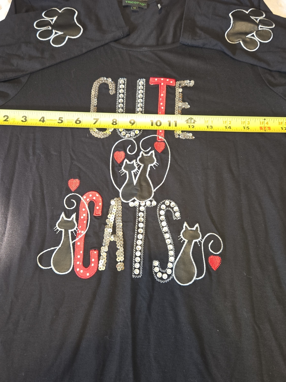 Tricotto Black Rhinestone & Sequin Cute Cats‎ Graphic Long Sleeve Top Size M - Picture 3 of 5